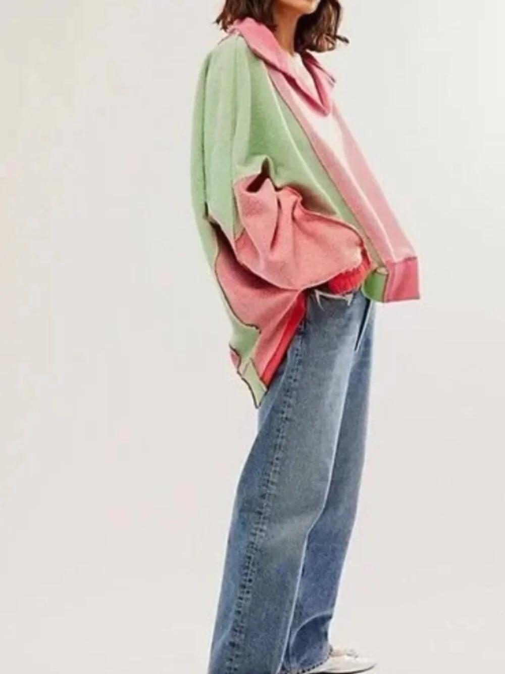 Free People Sidewalk Sweatshirt V Neck Dolman Sleeve Oversized Colorblock Top S